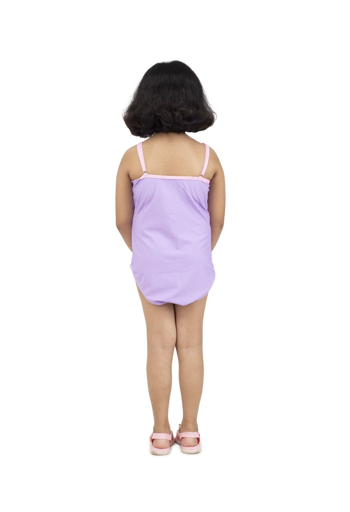Back View of Girl's Unicorn One-Piece Swimsuit with Ruffle Neckline by Yellow Bee