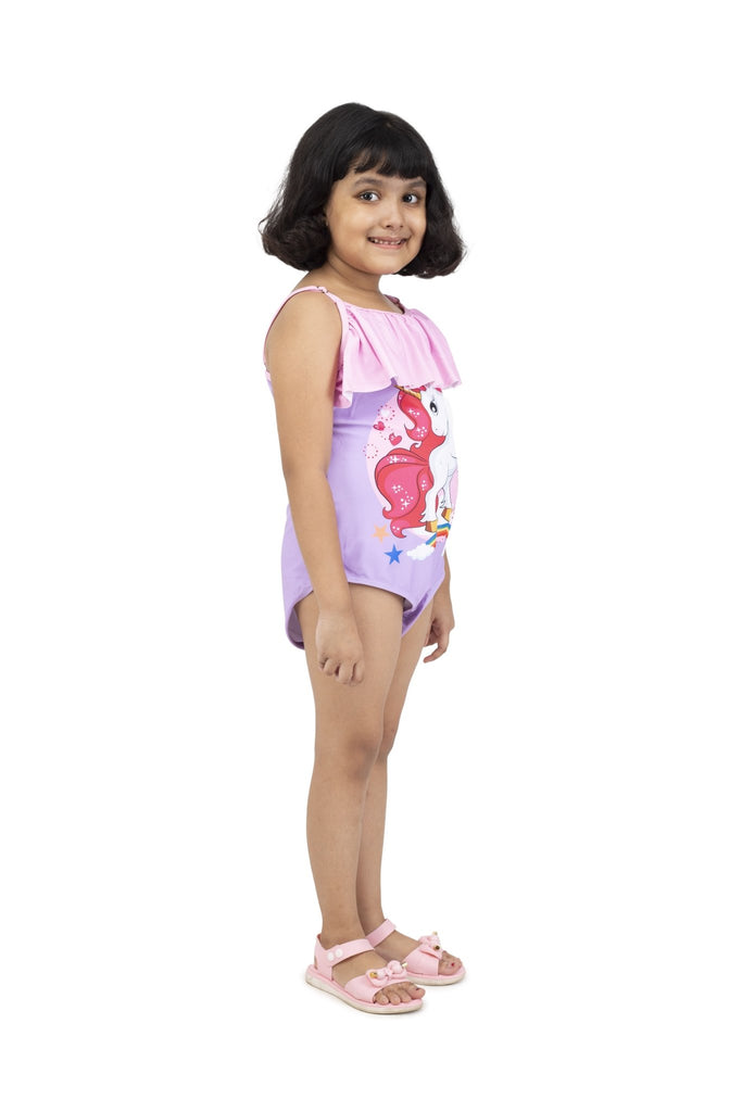 Side View of Unicorn One-Piece Swimsuit with Ruffle Neckline for Girls by Yellow Bee