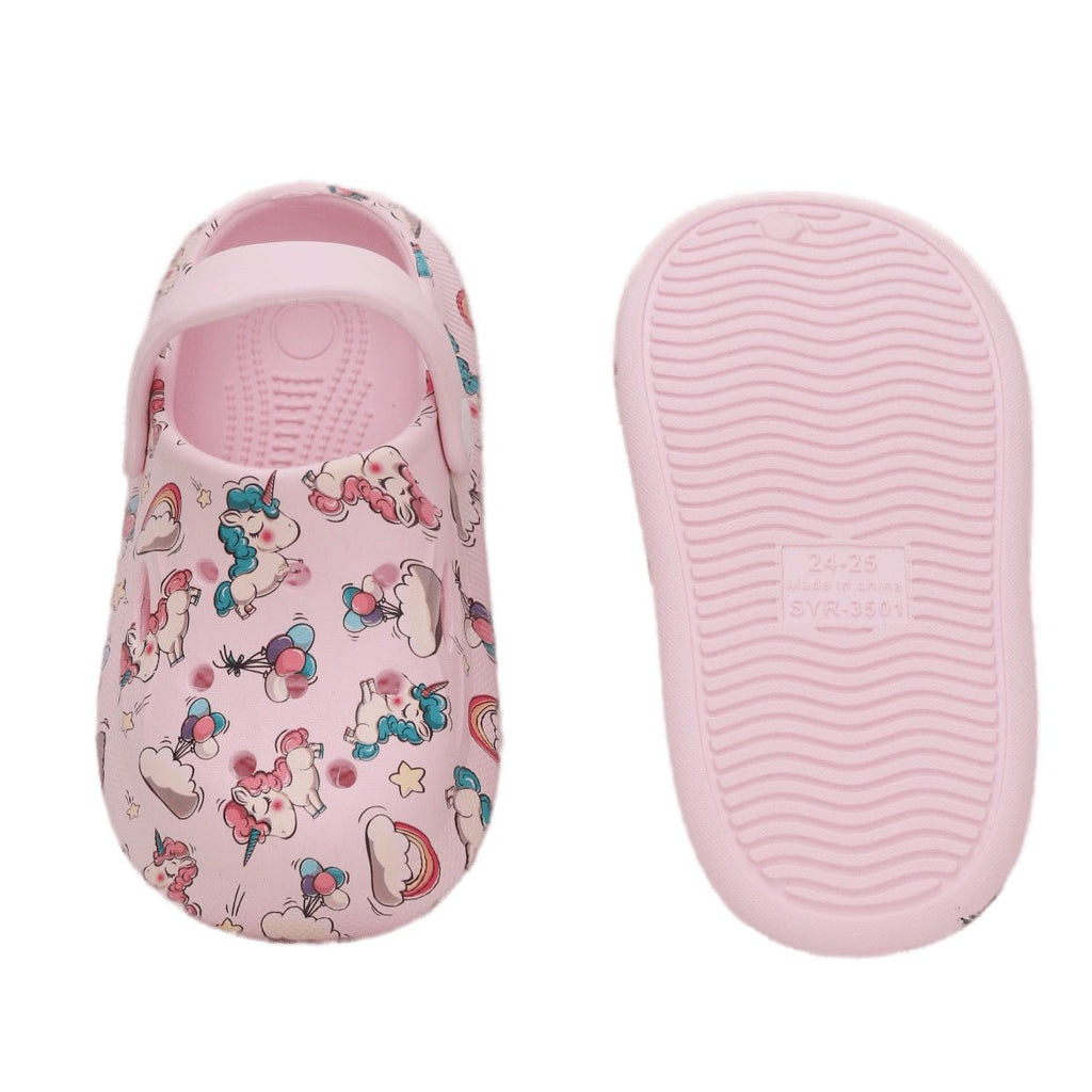 Top and bottom view of pink clogs with unicorn print, highlighting the anti-slip sole