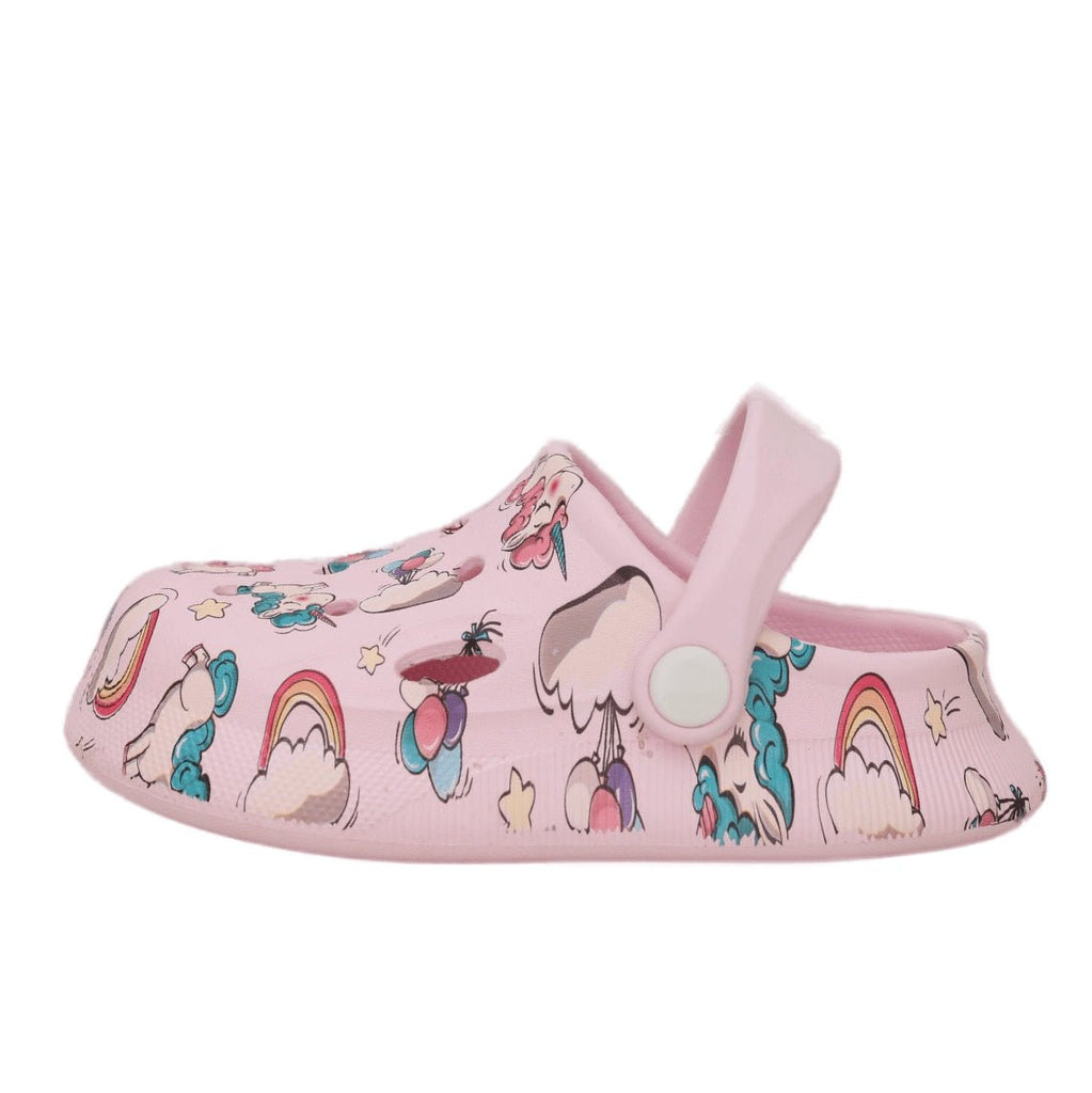 Side view of a pink unicorn-themed clog for kids, showcasing the charming design