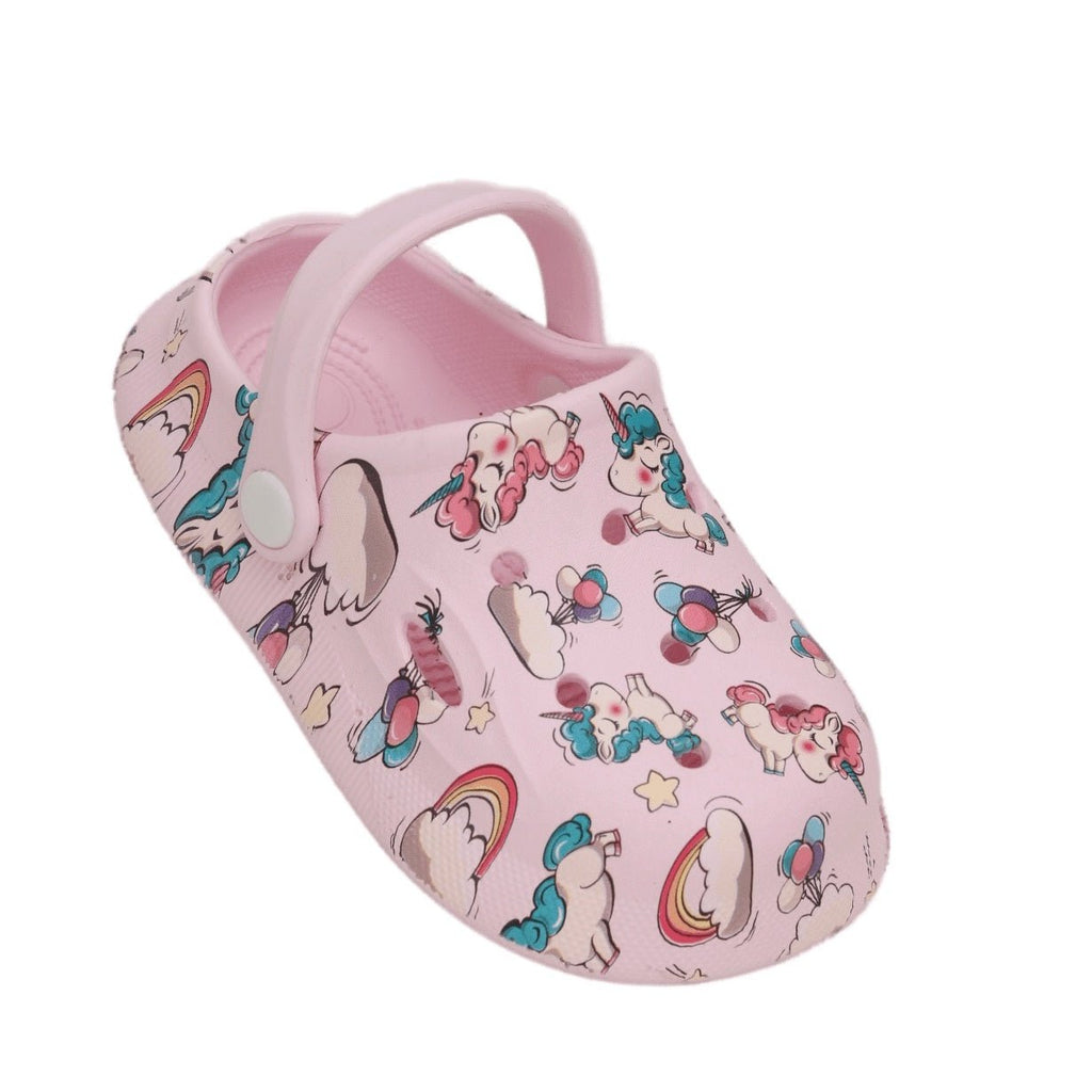 Angled view of pink clogs with unicorn detailing, perfect for imaginative play