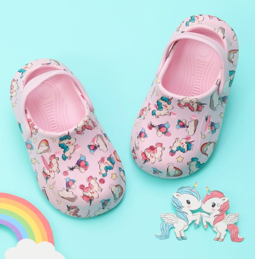 Pair of pink kids' clogs with a playful unicorn 