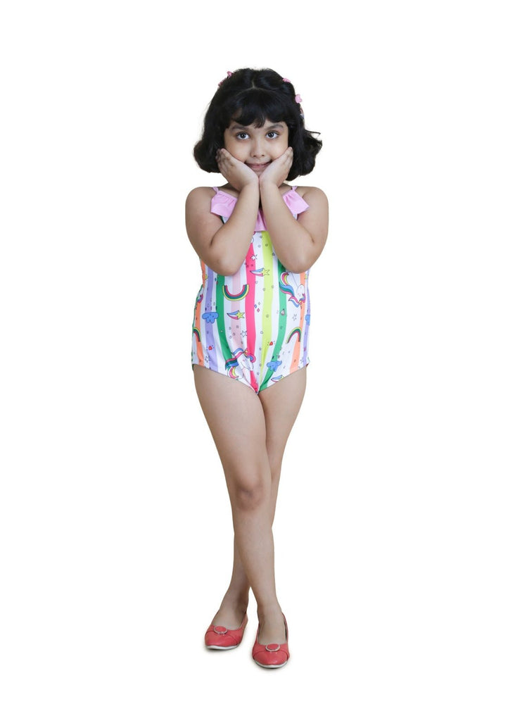 Adorable Yellow Bee Girls' Unicorn Swimsuit with Ruffles - Front View