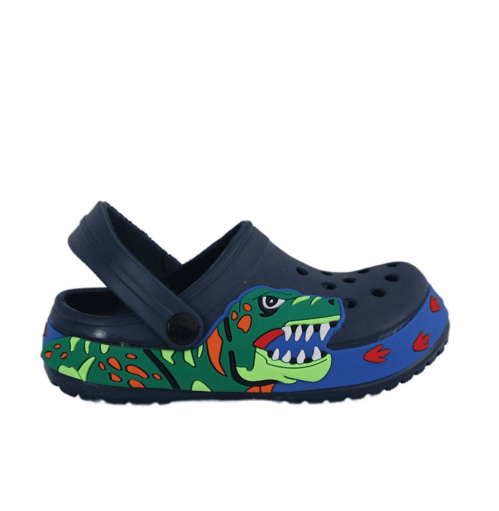 Navy Dino Clogs on a Plain Background, Perfect for Active Kids