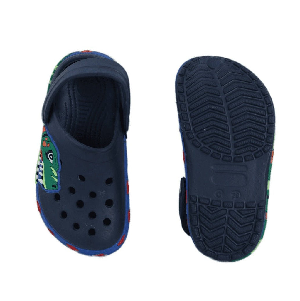 Top and Bottom View of Navy Dino Clogs Showing Durable Sole Design