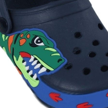 Close-Up of the Navy Dino Clogs Highlighting the Colorful Dinosaur Detail