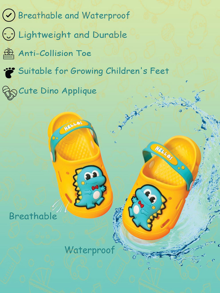 Features of Yellow Bee's yellow dino clogs for boys: breathable, waterproof, and durable.