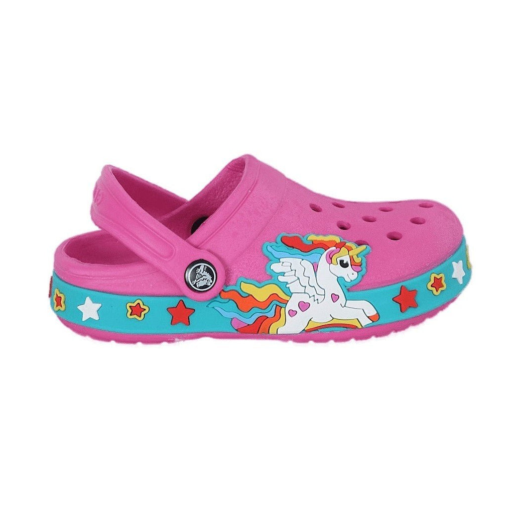 Side view of a fuchsia unicorn clog, highlighting the colorful border and charming design for kids