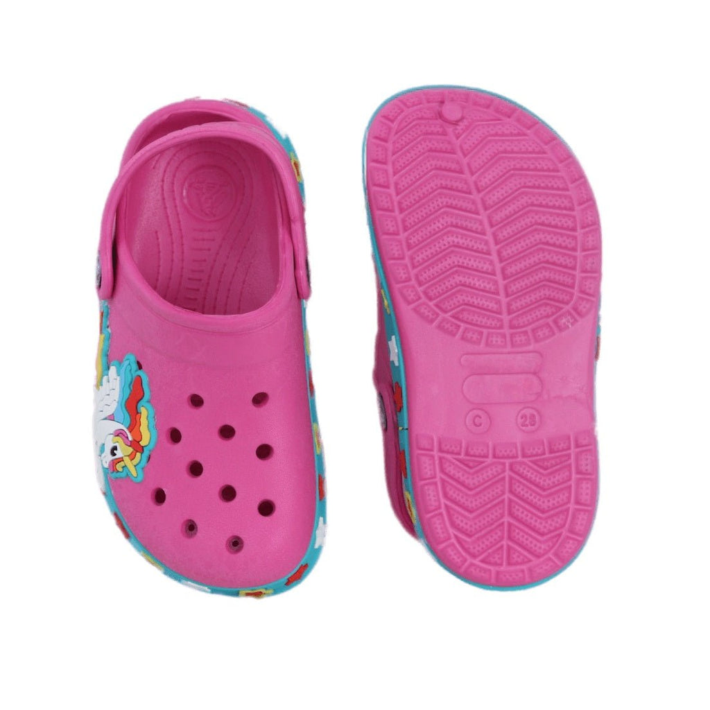 Top and sole perspective of kids' fuchsia unicorn clogs, emphasizing the non-slip design and fun patterns.