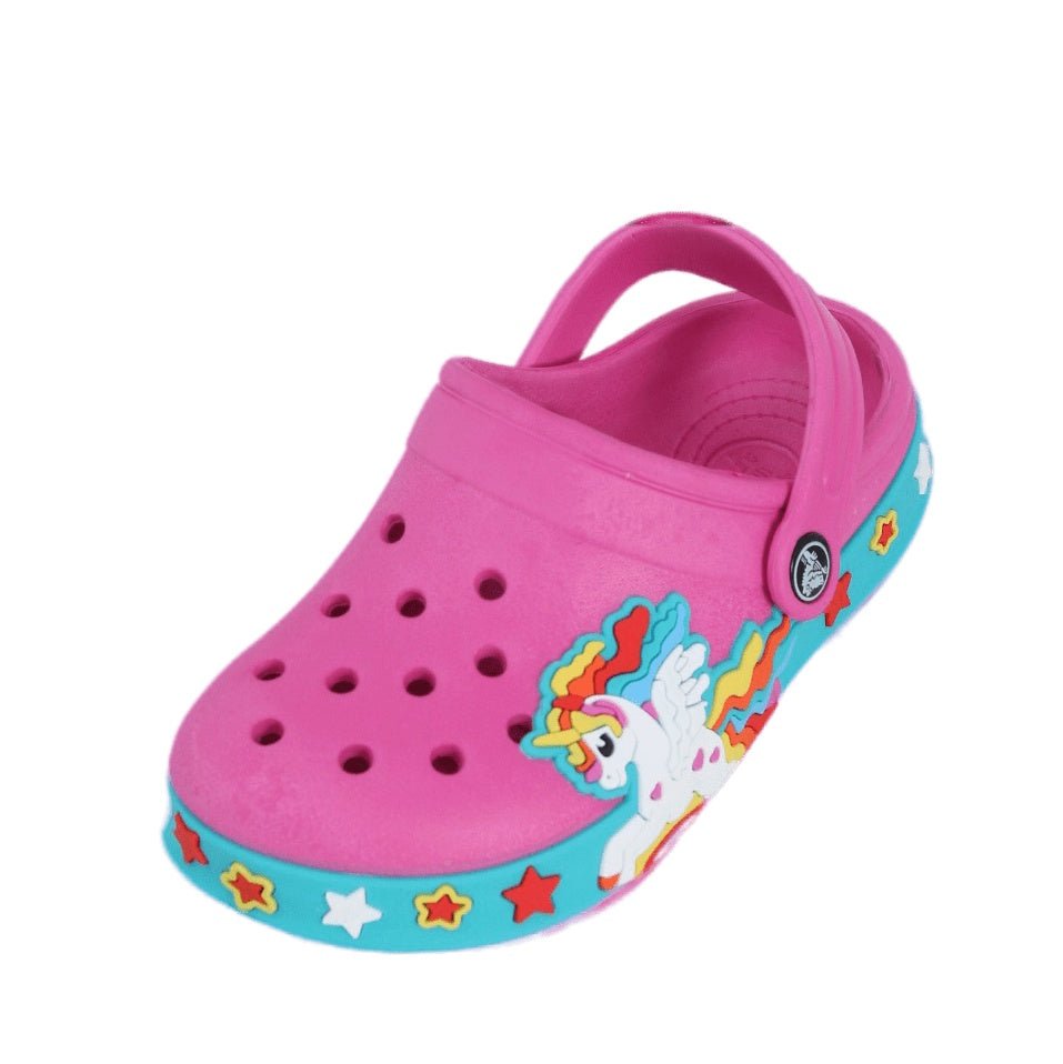 Single fuchsia clog showcasing a vibrant unicorn emblem, combining comfort with a dreamy style for children