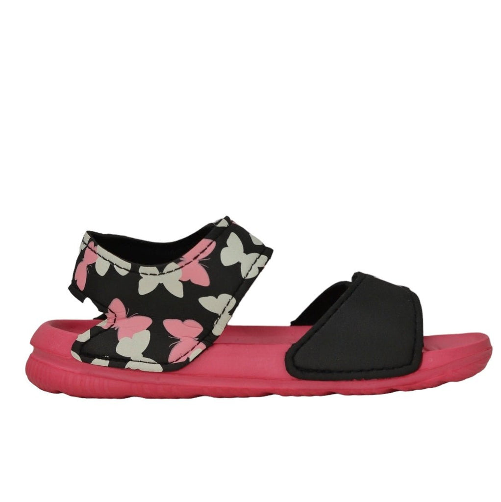 Side angle of vibrant pink butterfly print sandals with secure straps for kids