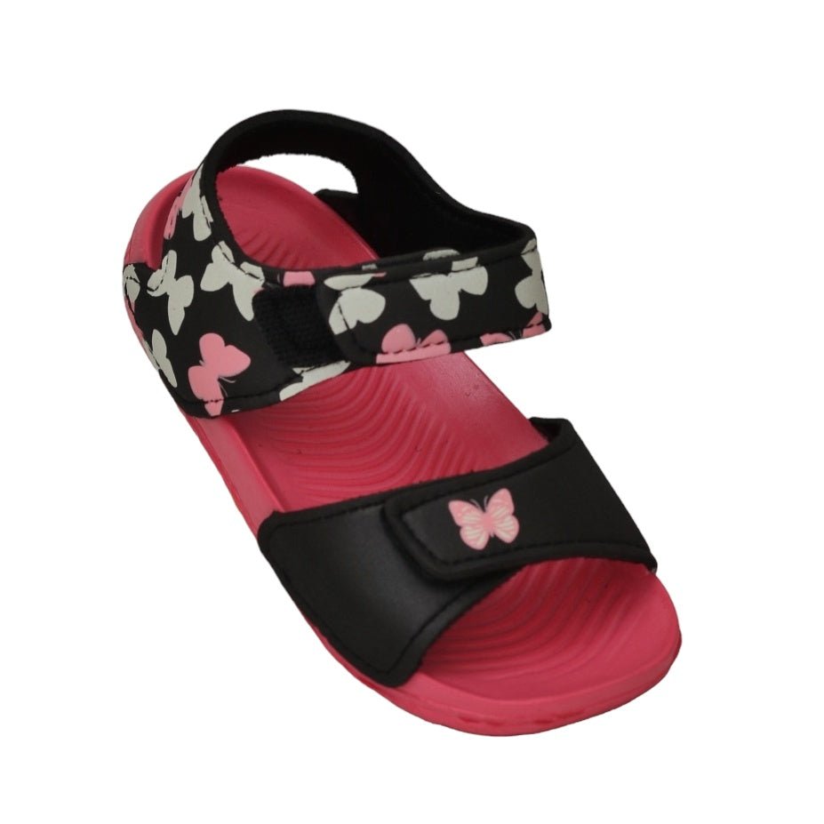 Top view of pink butterfly sandals with black straps for secure fitting.
