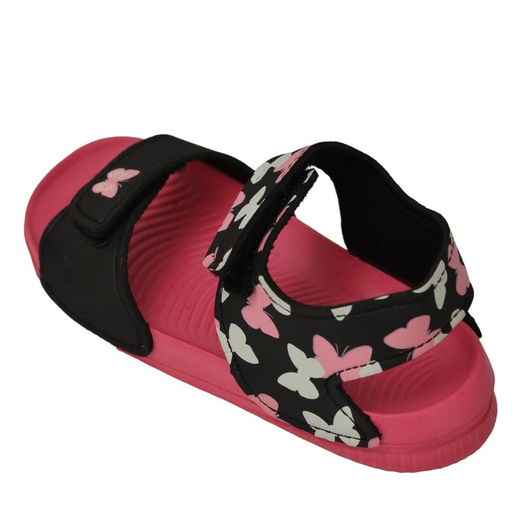 Back perspective of kids' butterfly print sandals showcasing the strap detail.