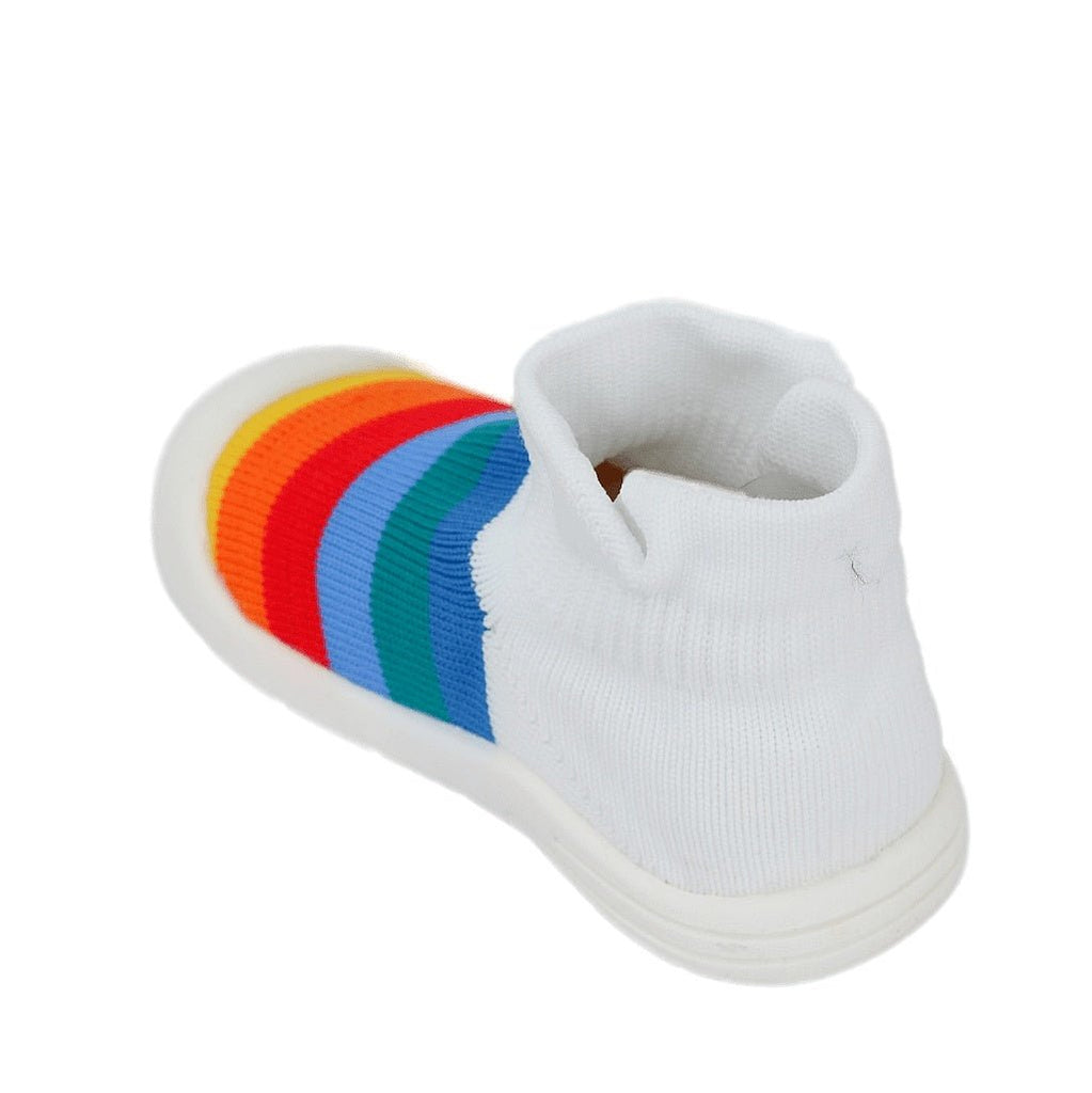 Back view of Yellow Bee's rainbow striped shoe socks, highlighting the snug fit