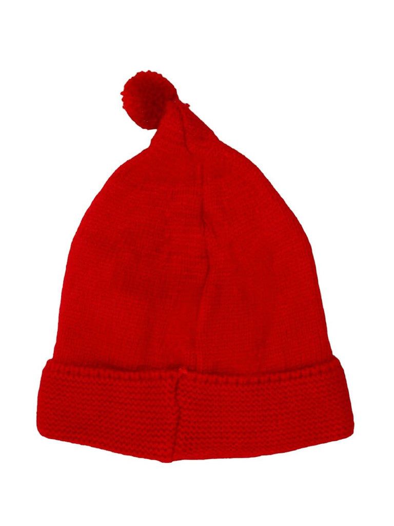 Side View of Red Boys' Knit Hat with Cute Eye Appliques and Soft Pom-Pom