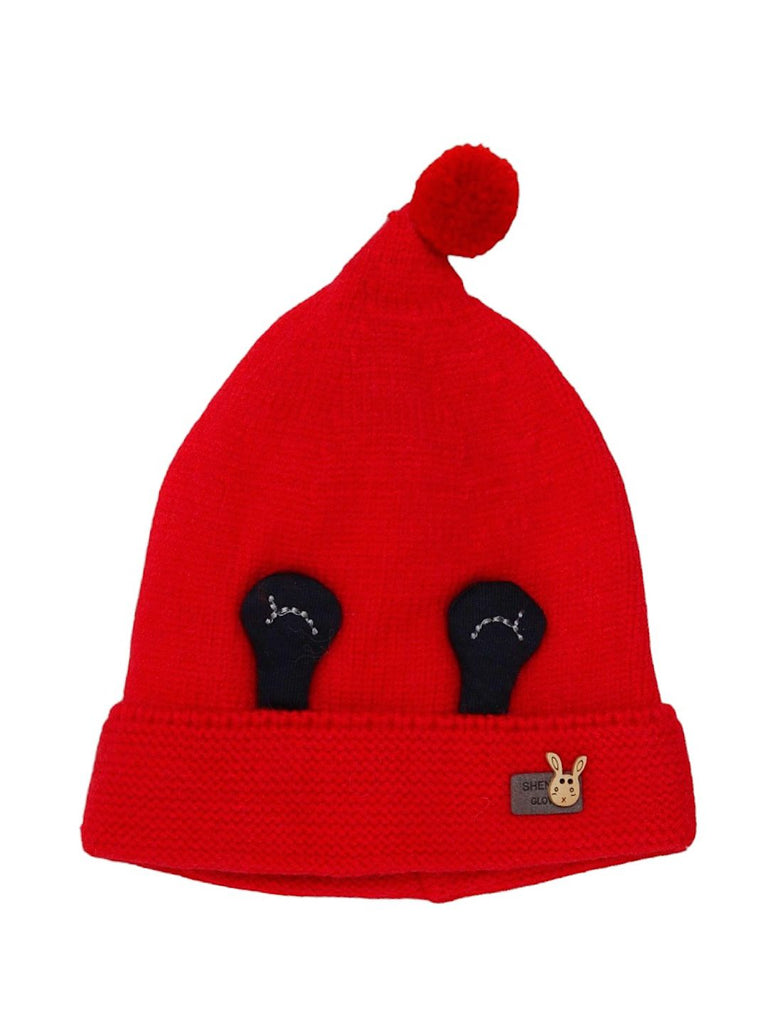 Fun and Warm Red Knit Hat with Eye Design and Pom-Pom for Boys