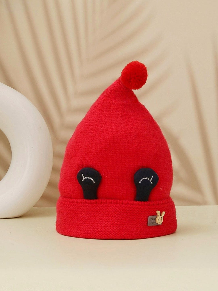 Boy's Winter Hat in Red with Eye Applique and Fluffy Pom-Pom