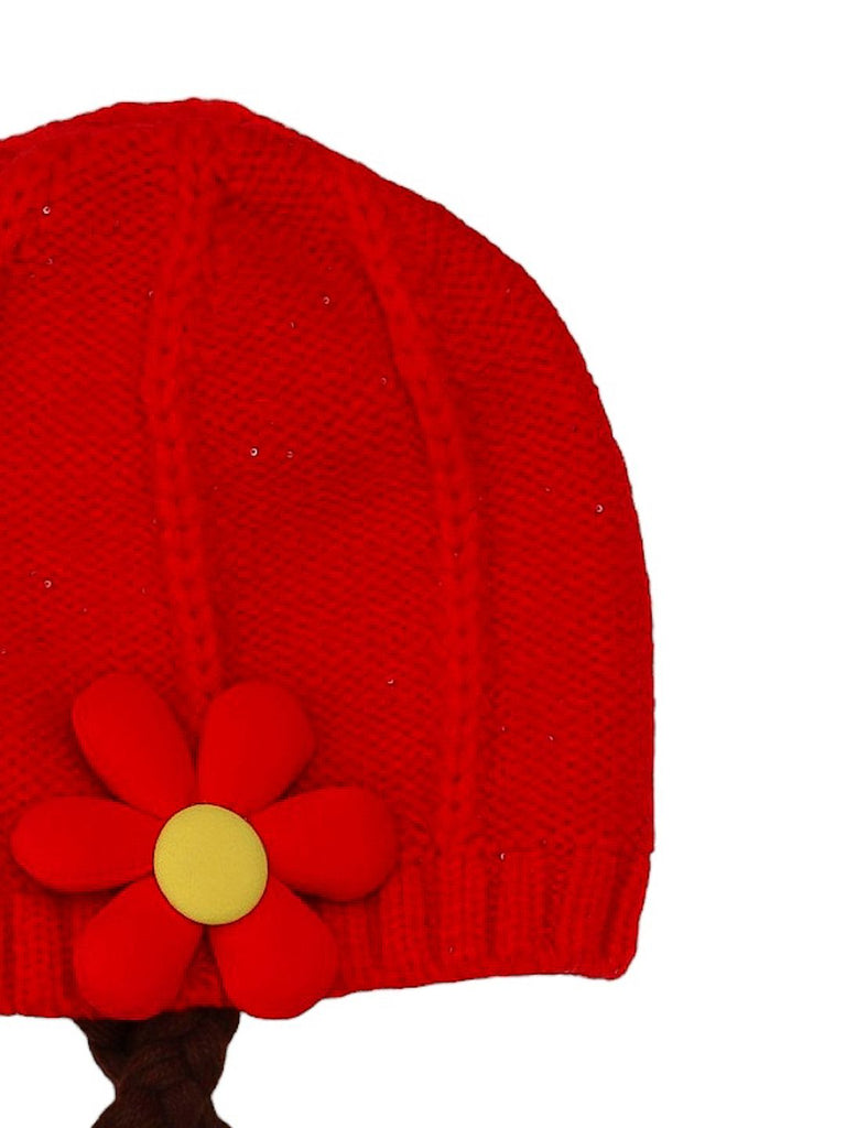 Close-Up of Girl's Red Winter Hat with Bold Flower Decoration and Braids