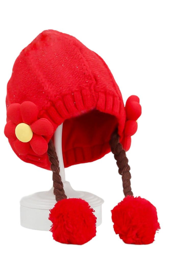 Girl's Festive Red Winter Hat with Braided Tassels and Flower Detail 