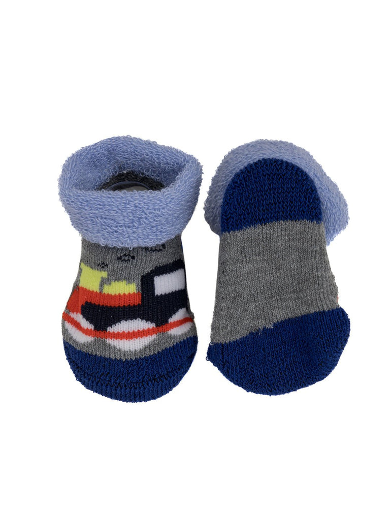 Blue and gray socks for children with sailboat design, soft and cozy for little adventurers.