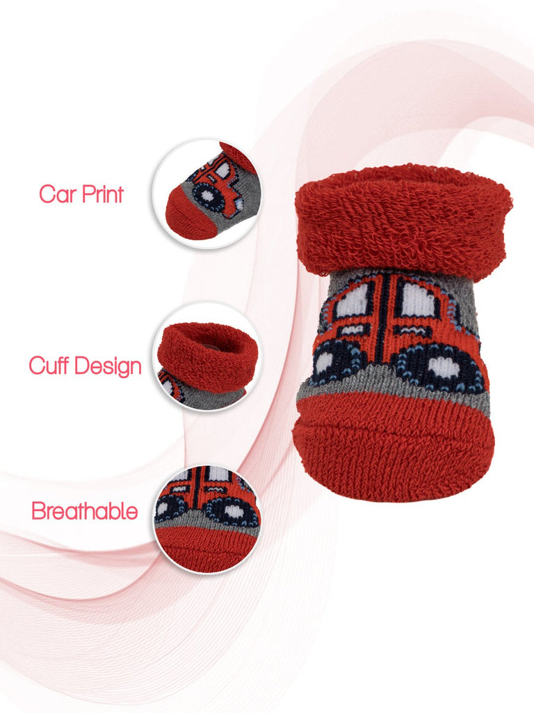 Detail of children's red car print sock showing cuff design and breathable fabric