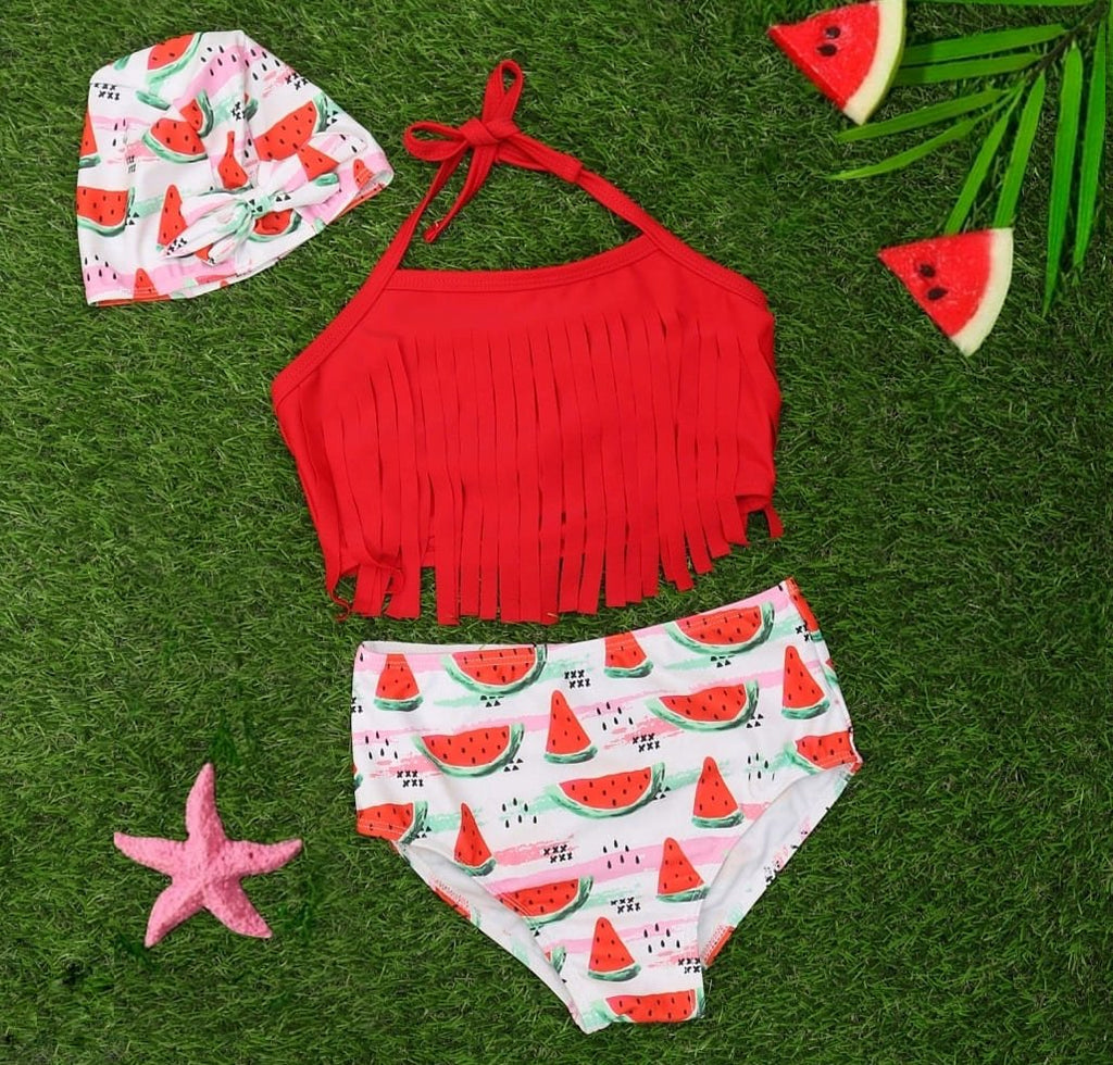 Yellow Bee's Watermelon Tassels Bikini Swimsuit and Cap Set 