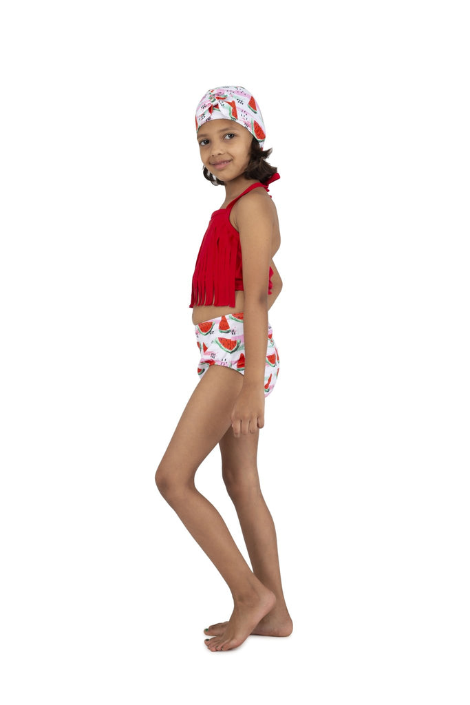 Side View of Girl Modeling Yellow Bee Watermelon Tassels Bikini Swimsuit and Cap