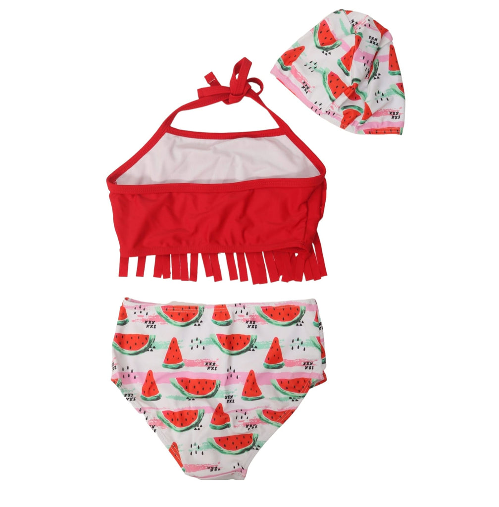 Girl's Watermelon Tassels Bikini Swimsuit with Matching Cap by Yellow Bee 