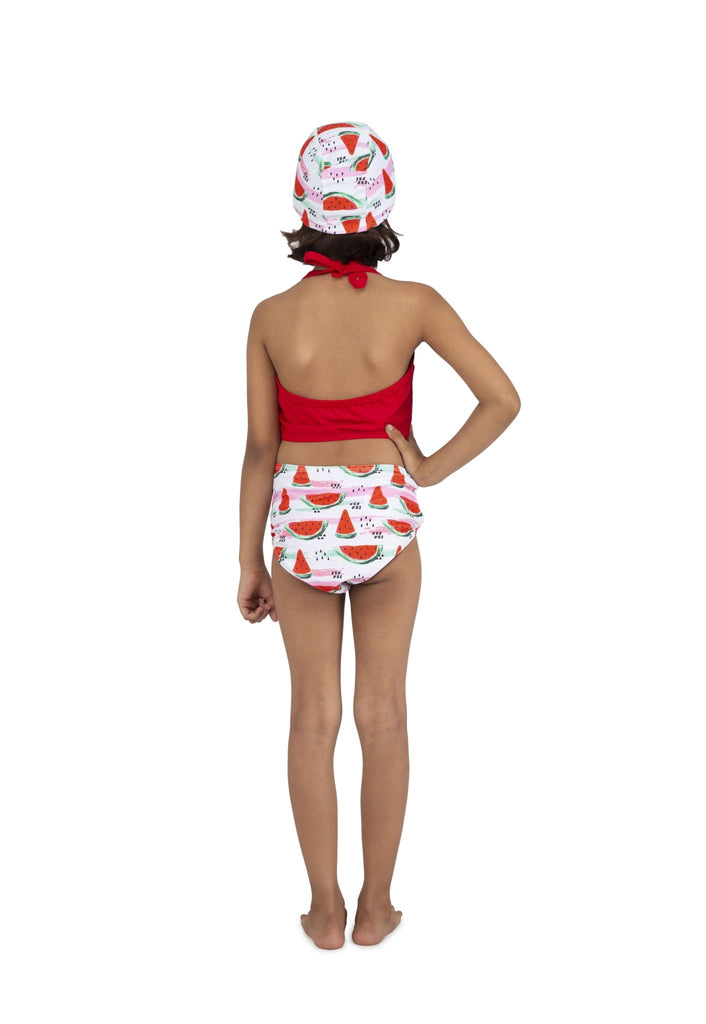 Rear View of Girl's Watermelon Tassels Bikini Swimsuit with Cap by Yellow Bee