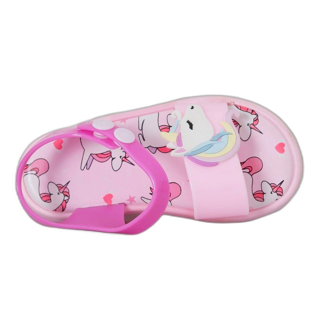 Inside view of a child's pink unicorn sandal with secure strap design