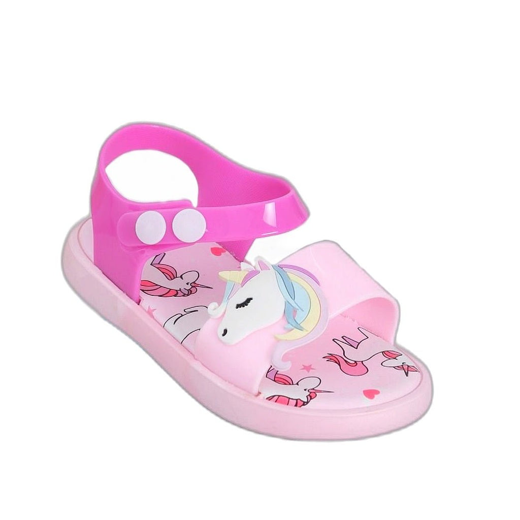 Side angle of child's pink unicorn sandal with vibrant unicorn charm.