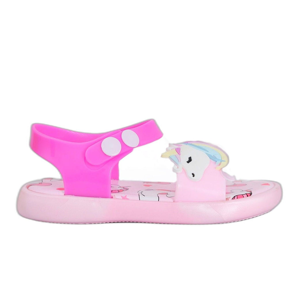 Pink unicorn sandal for kids with secure heel strap detail.