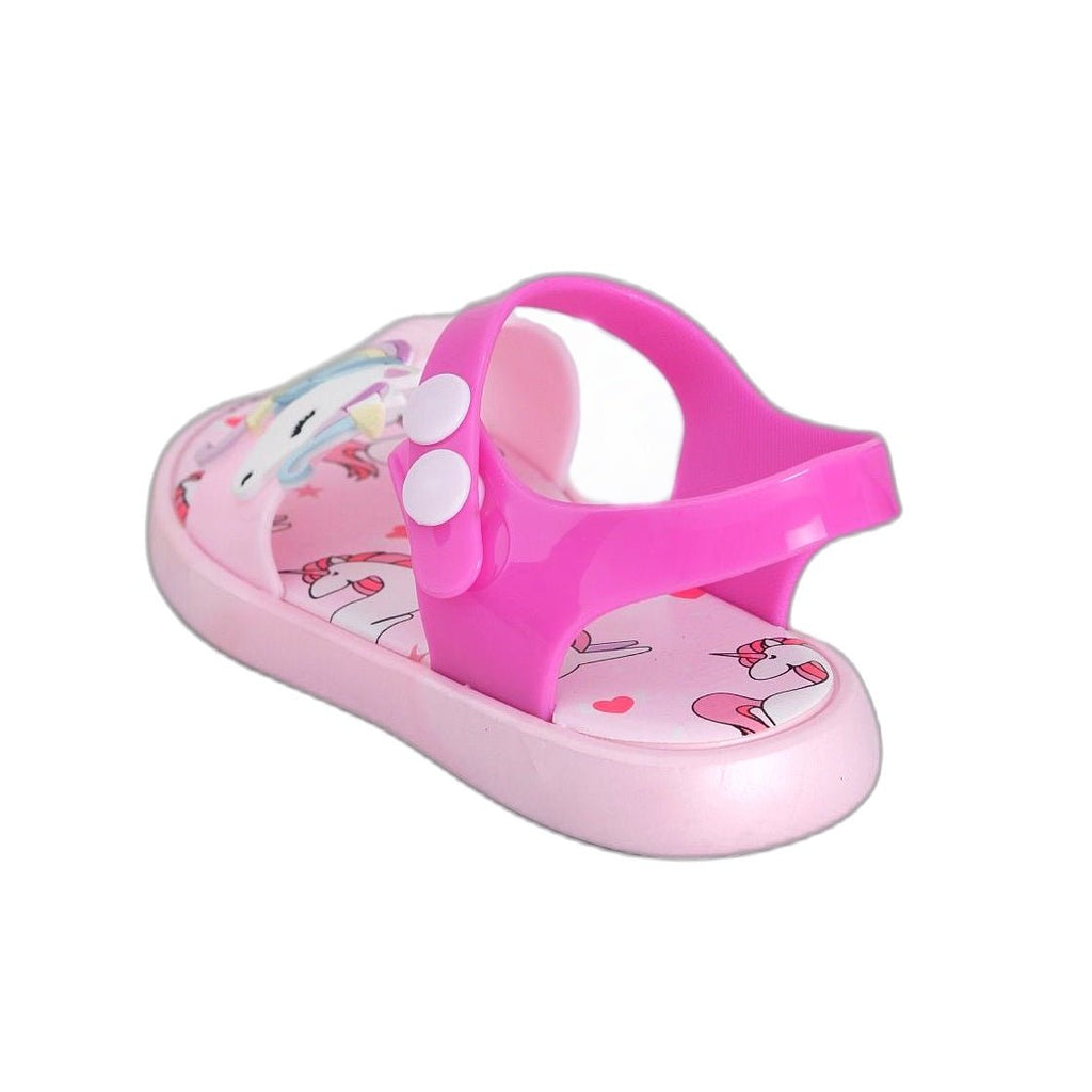 Lone pink unicorn sandal showcasing the full profile and unicorn charm.