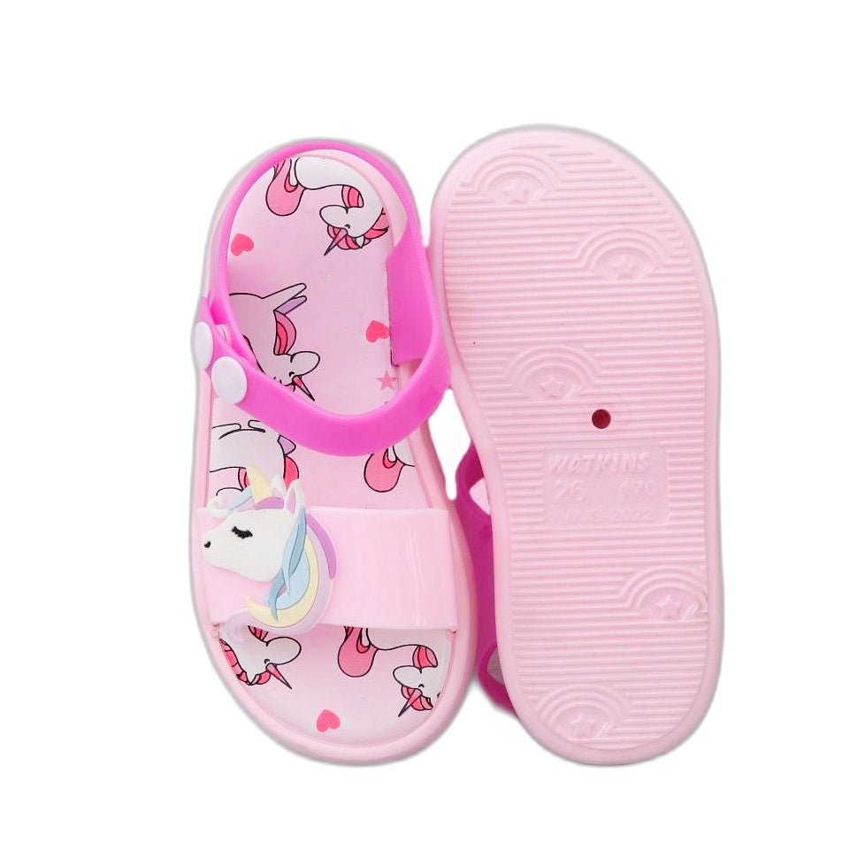 Bottom view of pink unicorn sandals highlighting the anti-slip texture.