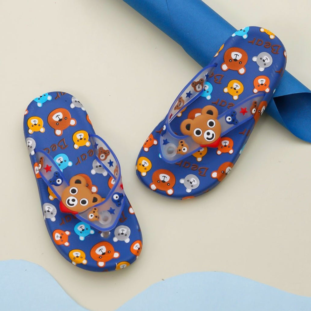 Children's Bear All Over Print Flip Flops with Blue Strap on Cream Background
