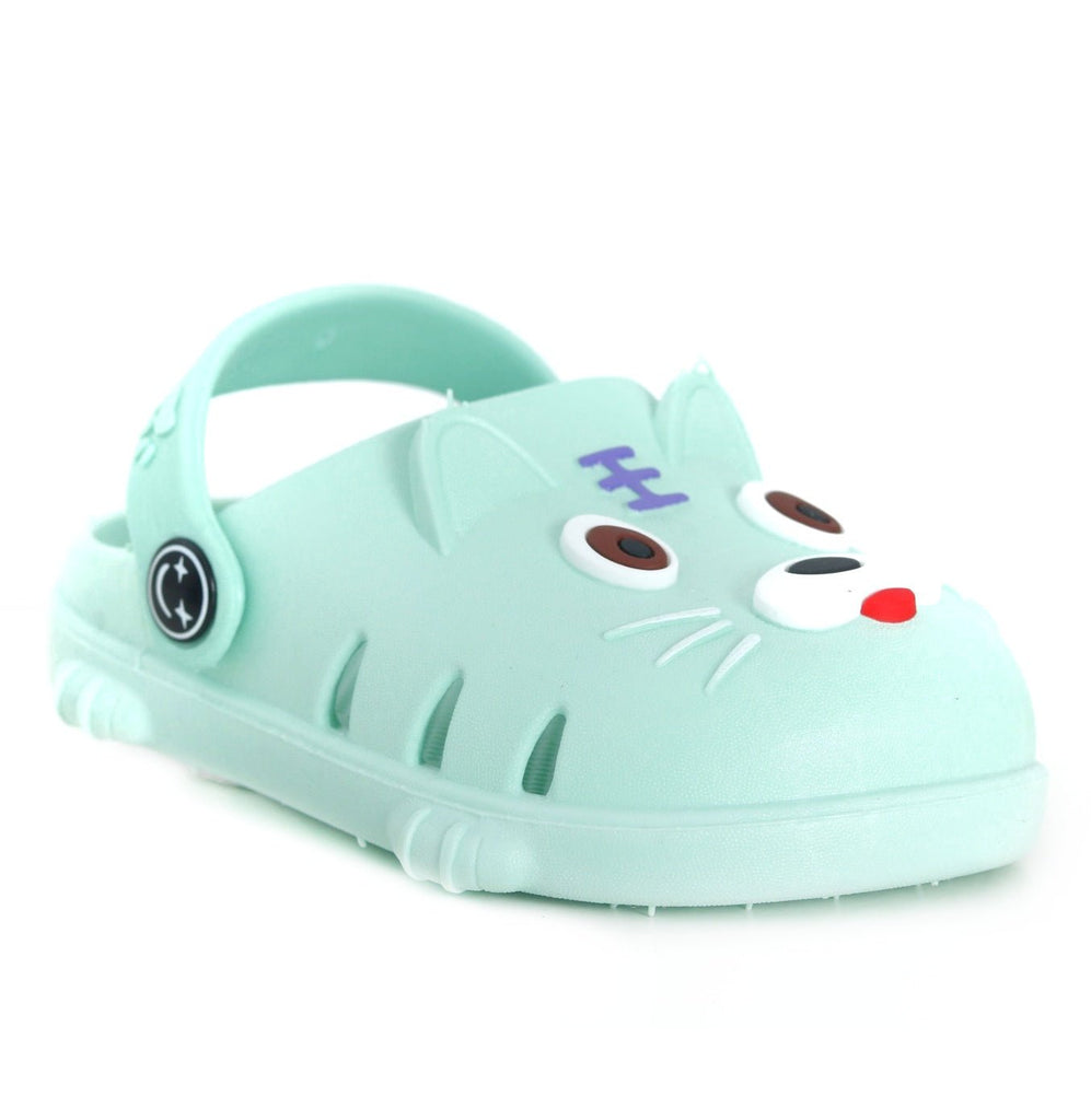 Side View of Adorable Mint Green Puppy Clogs for Children