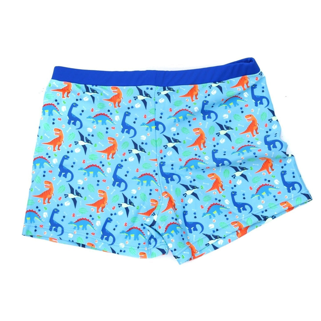 Back view of Yellow Bee's Dino Print Swim Trunks, highlighting the bright and cheerful dinosaur illustrations.