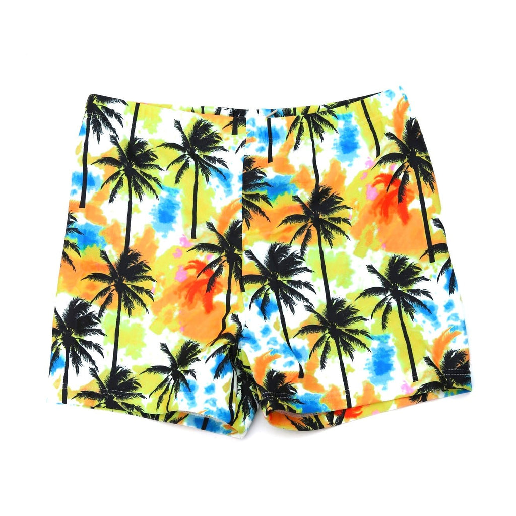 Vivid Yellow Bee Palm Trees Swim Trunks for Boys on a clean background.-bk