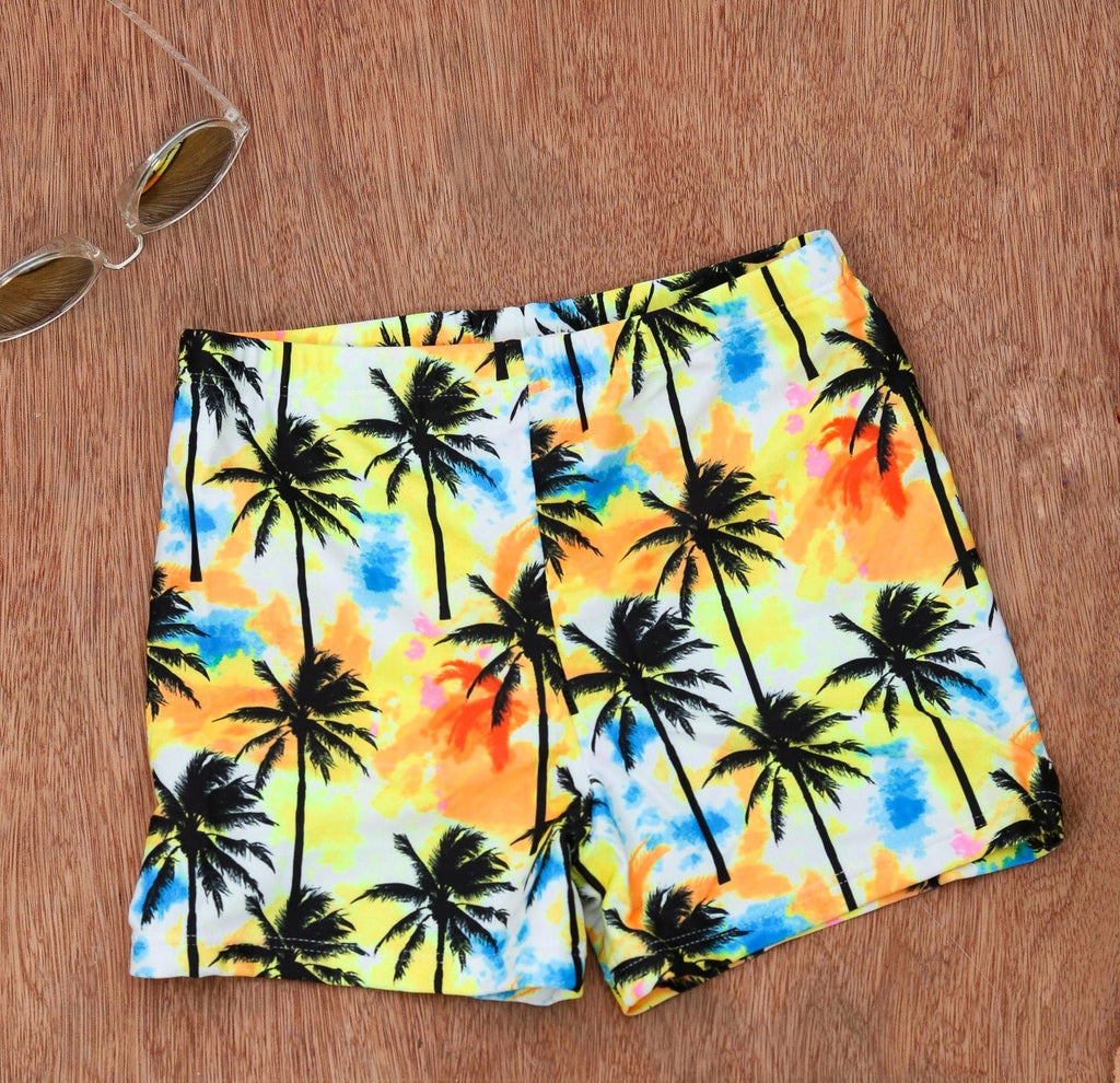 Bright and cheerful Yellow Bee Swim Trunks with Palm Tree design