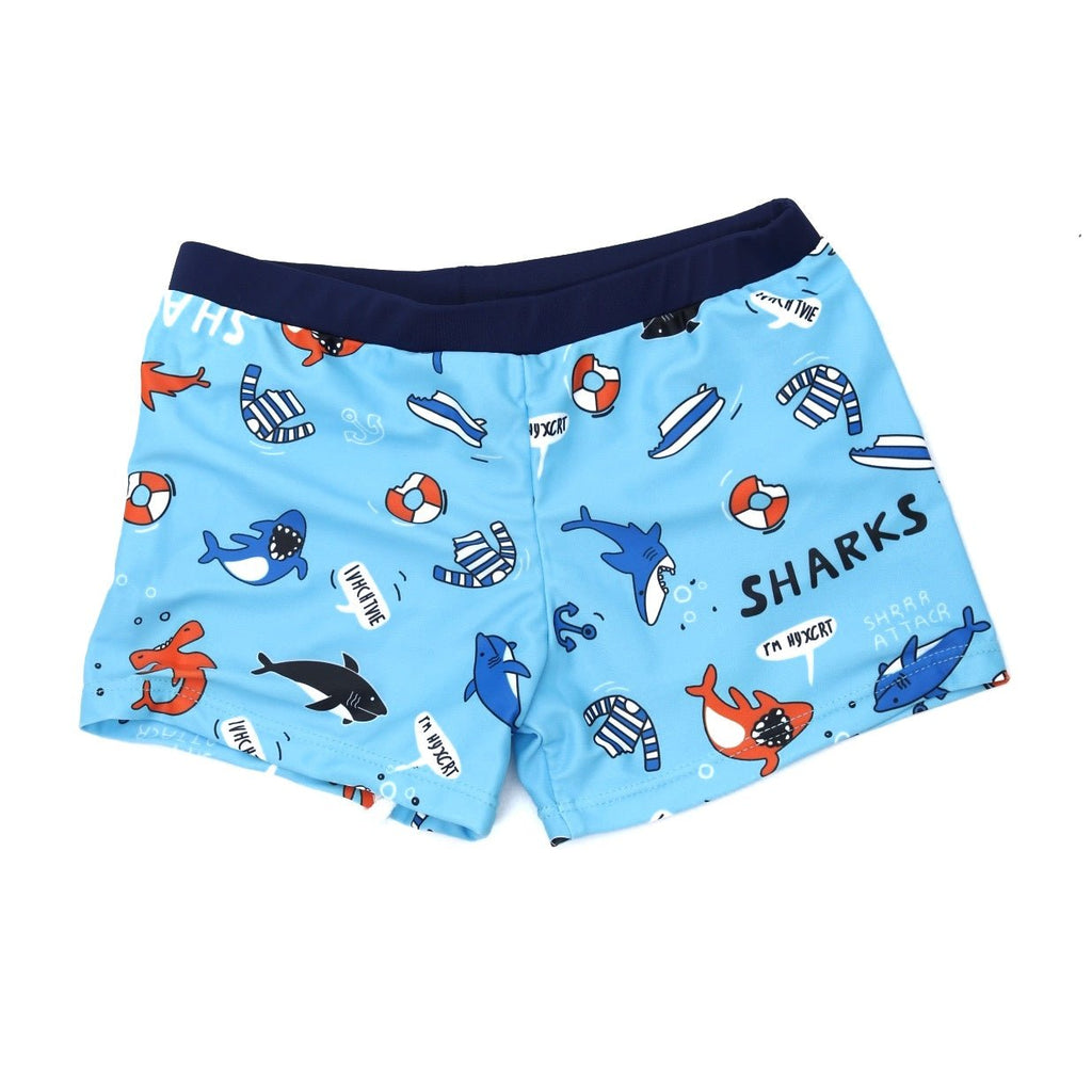 Youthful Shark Print Swim Trunks for Boys by Yellow Bee against a white backdrop