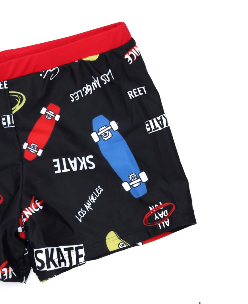 Boys' Black Swim Trunks with Colorful Skateboards and LA Vibes, angled view