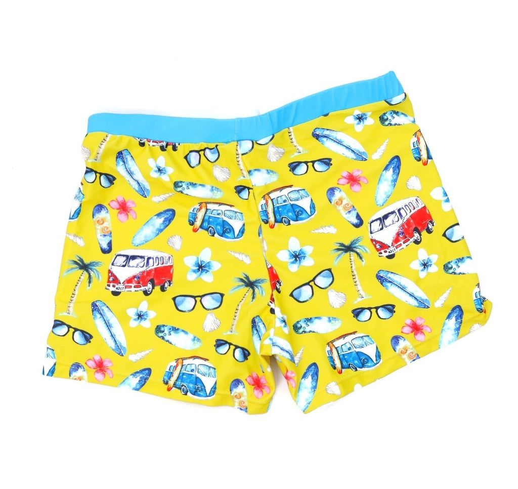 Vibrant Yellow Bee Beach Themed Trunks for Boys with Palm and Surfboard Print.