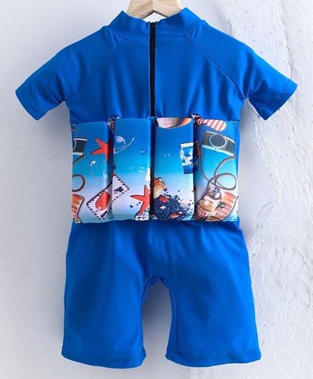 Back View of Blue Float Suit with Adjustable Safety Zipper