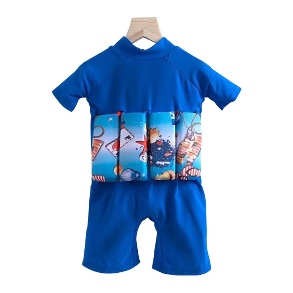 Child's Blue Float Suit with Colorful Sea Life Patterns