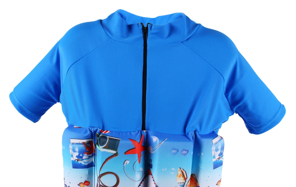 Blue Float Suit with Removable Buoyancy Panels for Swimming Lessons