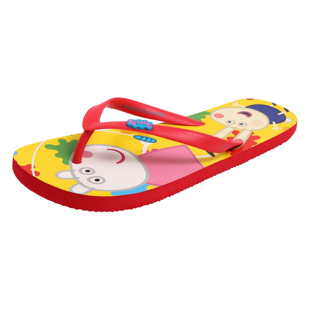 Close-up of the Yellow Bee George Colour Splash Flip-Flops' strap detailing with character badge