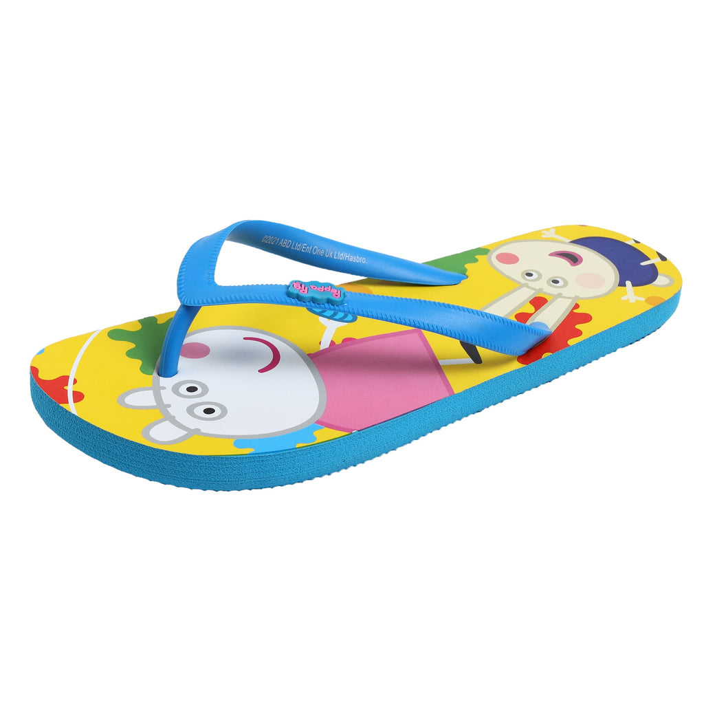 Angled perspective of a single Yellow Bee George Colour Splash Flip-Flop displaying the character design, blue strap, and the contoured shape of the footwear.