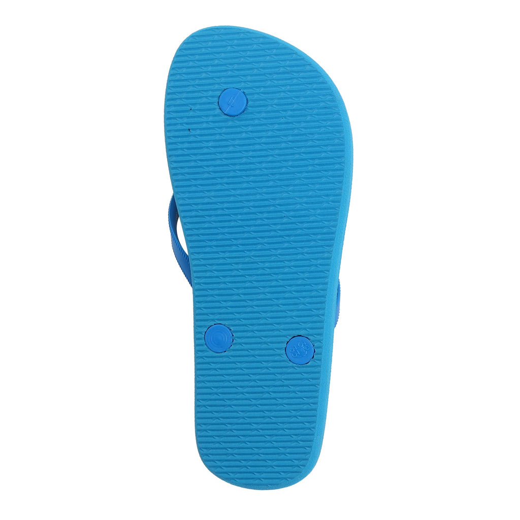 Underside view of a Yellow Bee George Colour Splash Flip-Flop showing the textured blue sole with round grips for added traction