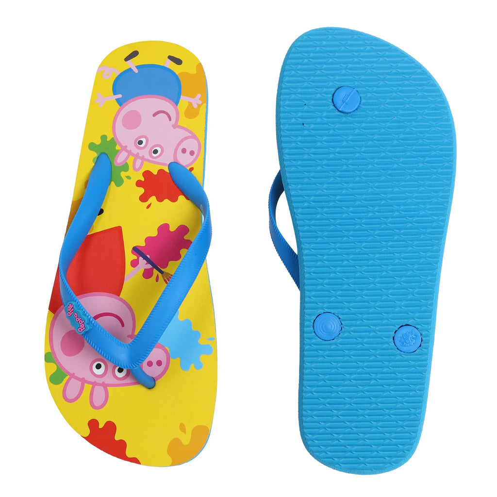 Top and bottom view of Yellow Bee George Colour Splash Flip-Flops for boys, showing the contrast between the colorful top and the textured blue bottom sole.