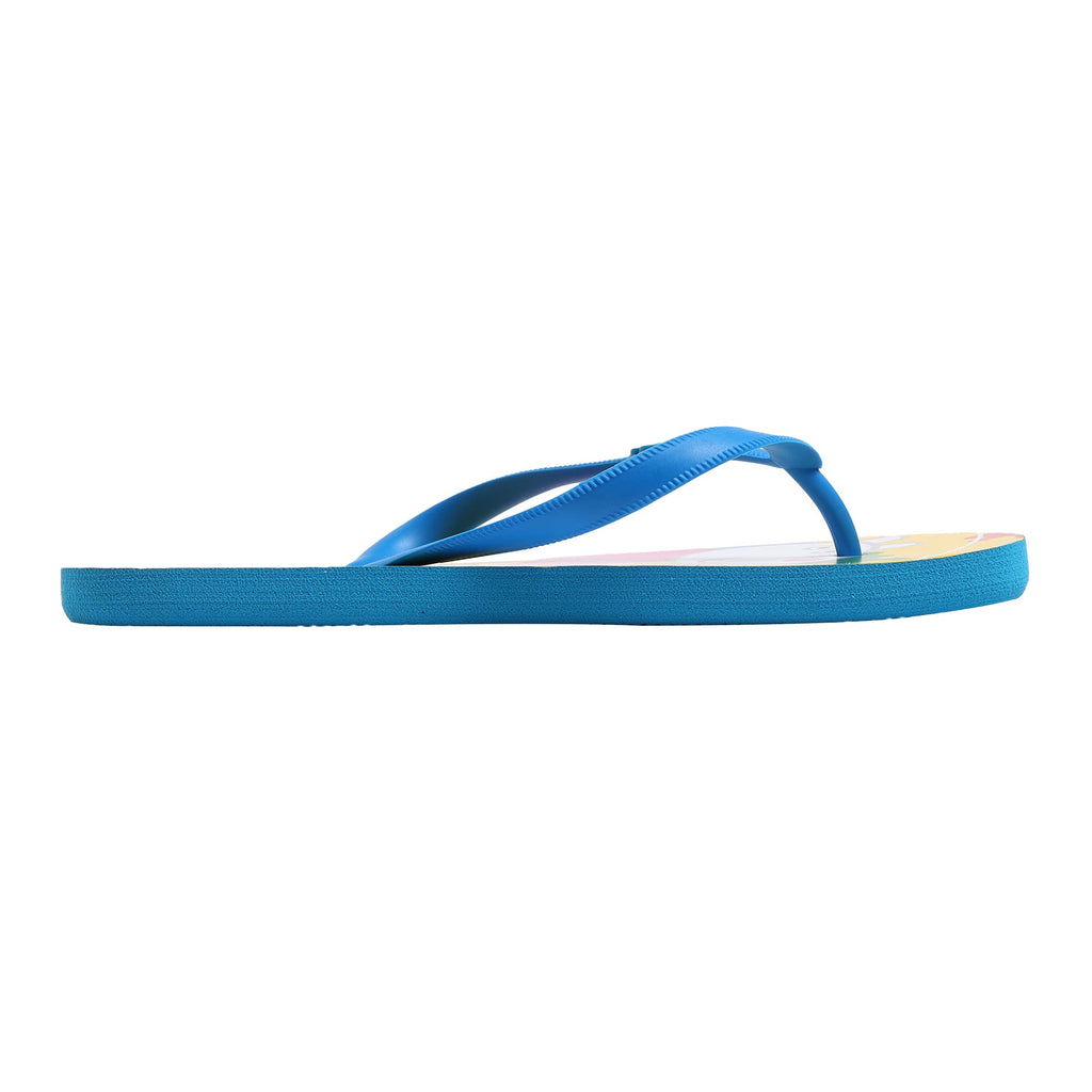 Side view of Yellow Bee George Colour Splash Flip-Flop highlighting the profile of the blue strap and the thickness of the sole